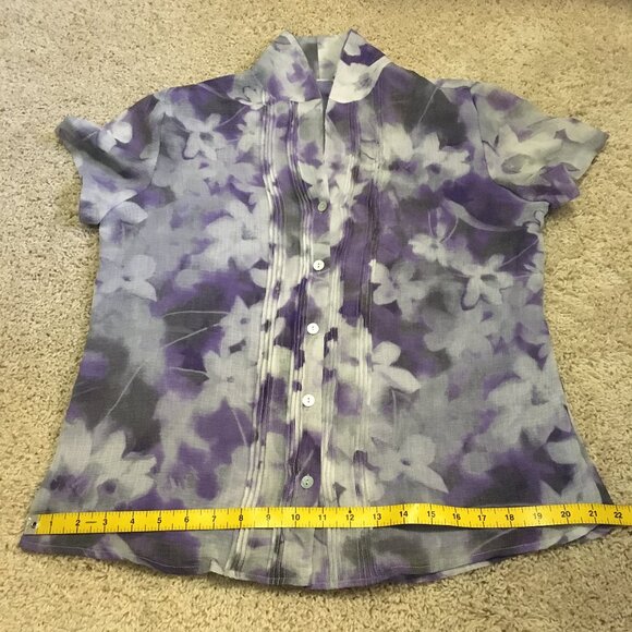 Vintage Y2K Chiffon Floral Watercolour Short Sleeve Button Up Pintuck Shirt - Picture 14 of 16